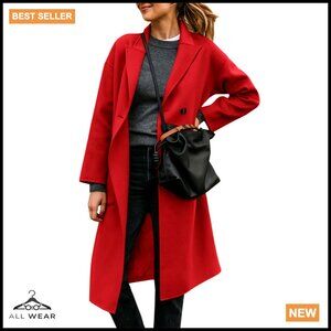 Oversized Pea Coat Double-Breasted Lapel Collar Elegant Winter Outerwear Jacket
